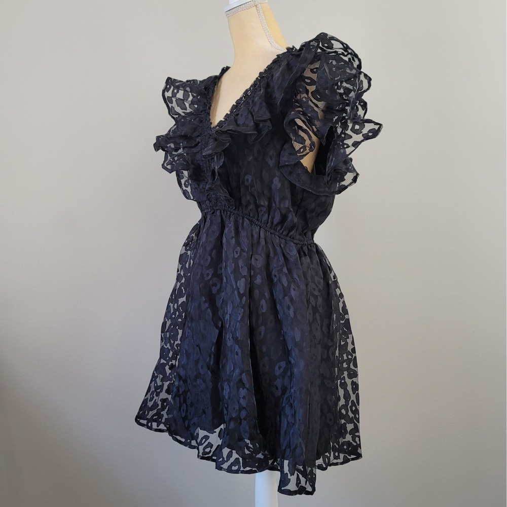 ENTRO Size Large Black Ruffled Flutter Sleeve Sheer Leopard Overlay Mini Dress - Picture 9 of 9